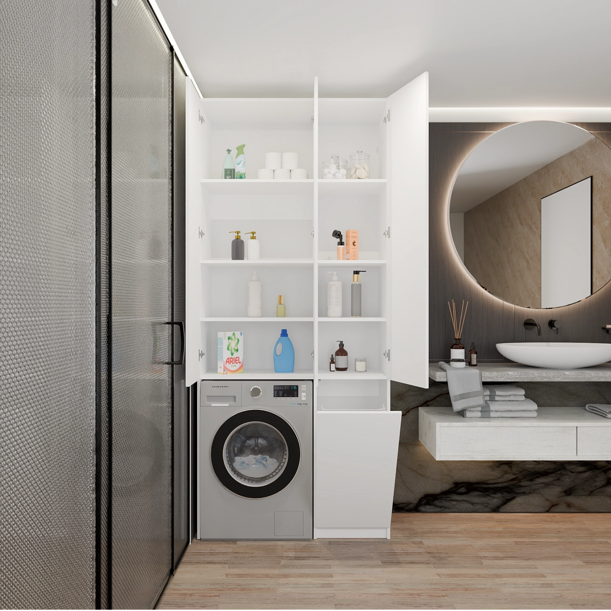 Шкаф-пенал с нишей и корзиной для белья Эос Плюс Белый